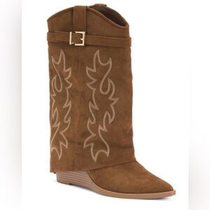 Madden Girl Cuffed Wedge Brown Suede Western Cowboy Boot